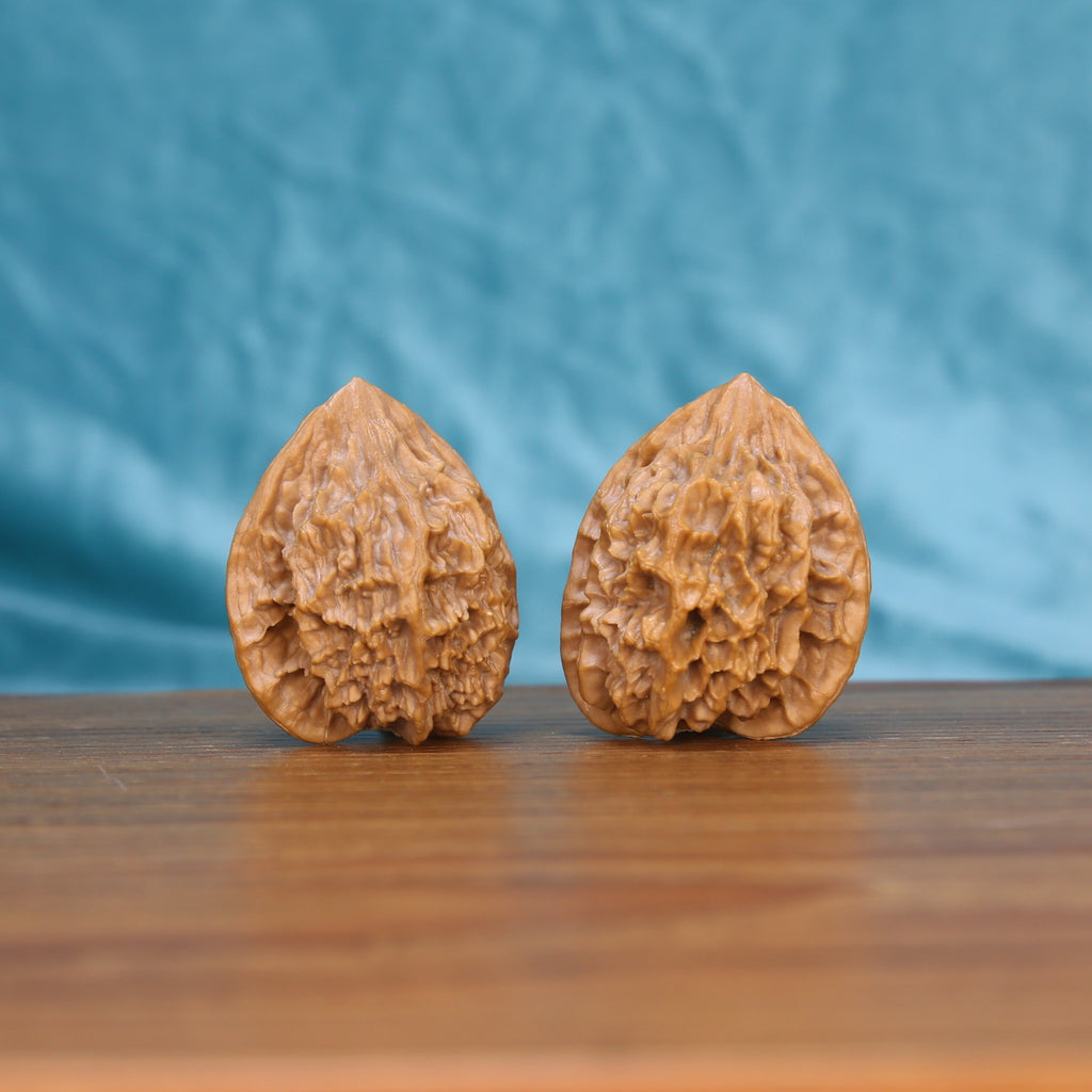 Di-Wang wenwan walnut pair alternate angle, blue background – symmetrical spire ridge pattern
