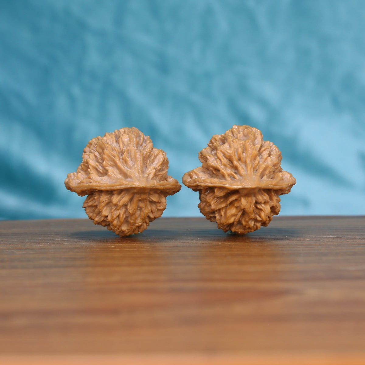 Di-Wang walnut set side profile on wood, blue background – tall spire-shaped grain detail