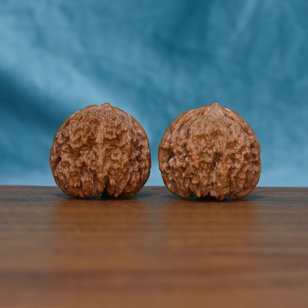 Side view of The Amber Sentinels Wenwan Walnut Set showing the walnuts’ dense ridge patterns and sculpted profiles.
