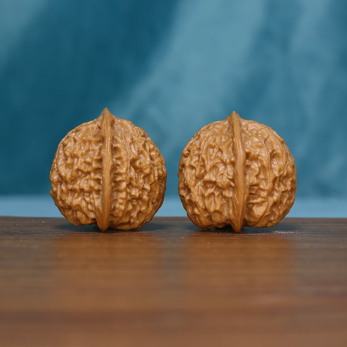 Front view of two 5626 wenwan walnuts with central grooves
