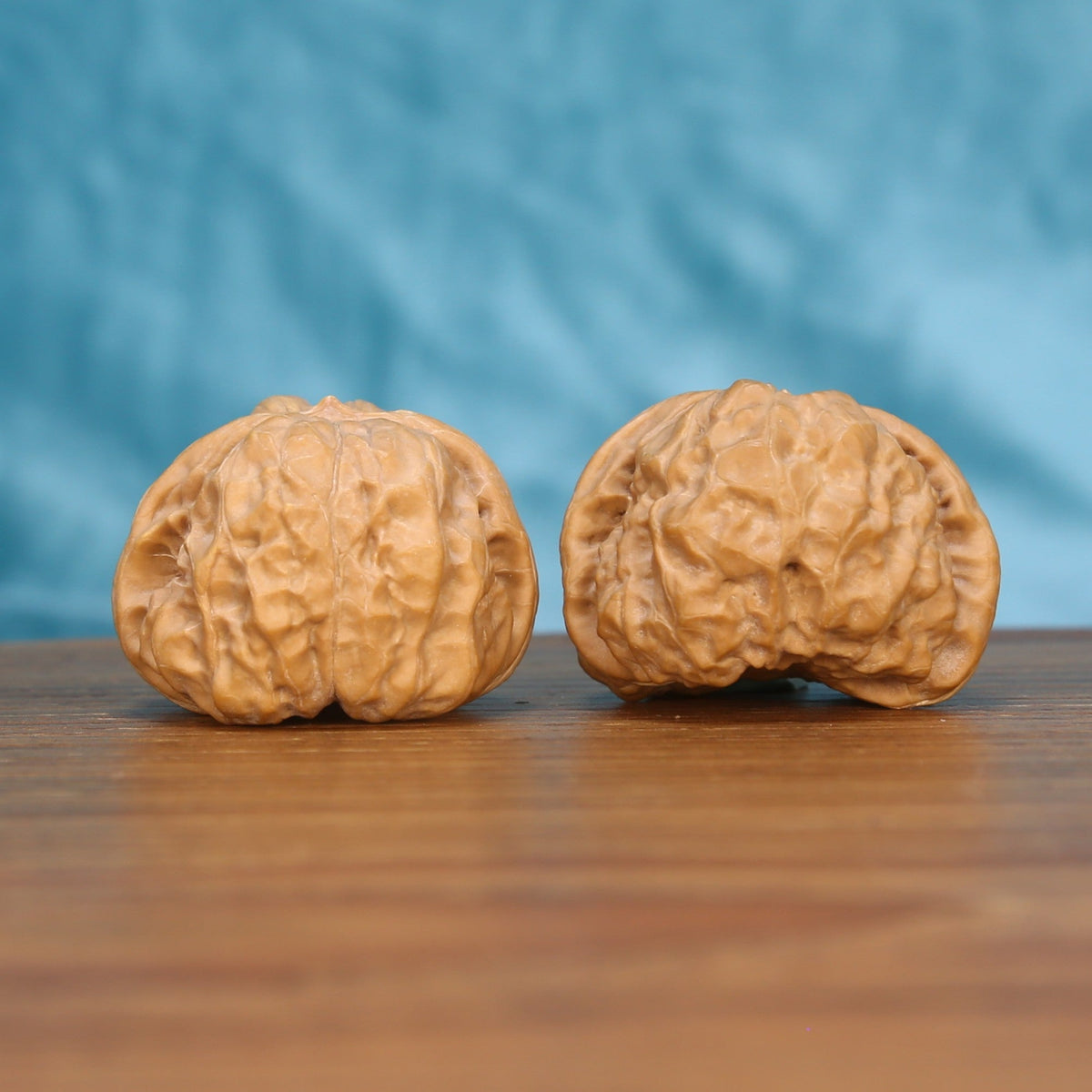 Two Ha-Ma-Tou wenwan walnuts on wooden surface, blue background – matching obsidian flat-earth set