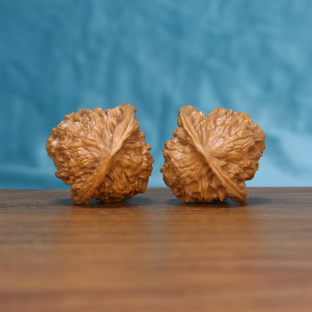 Back view of two Linglong Wenwan walnuts on a wooden surface
