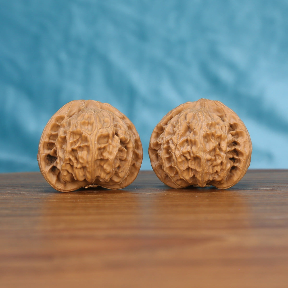 Gong-Deng walnut set side profile on wood, blue background – symmetrical lantern-shaped grain detail