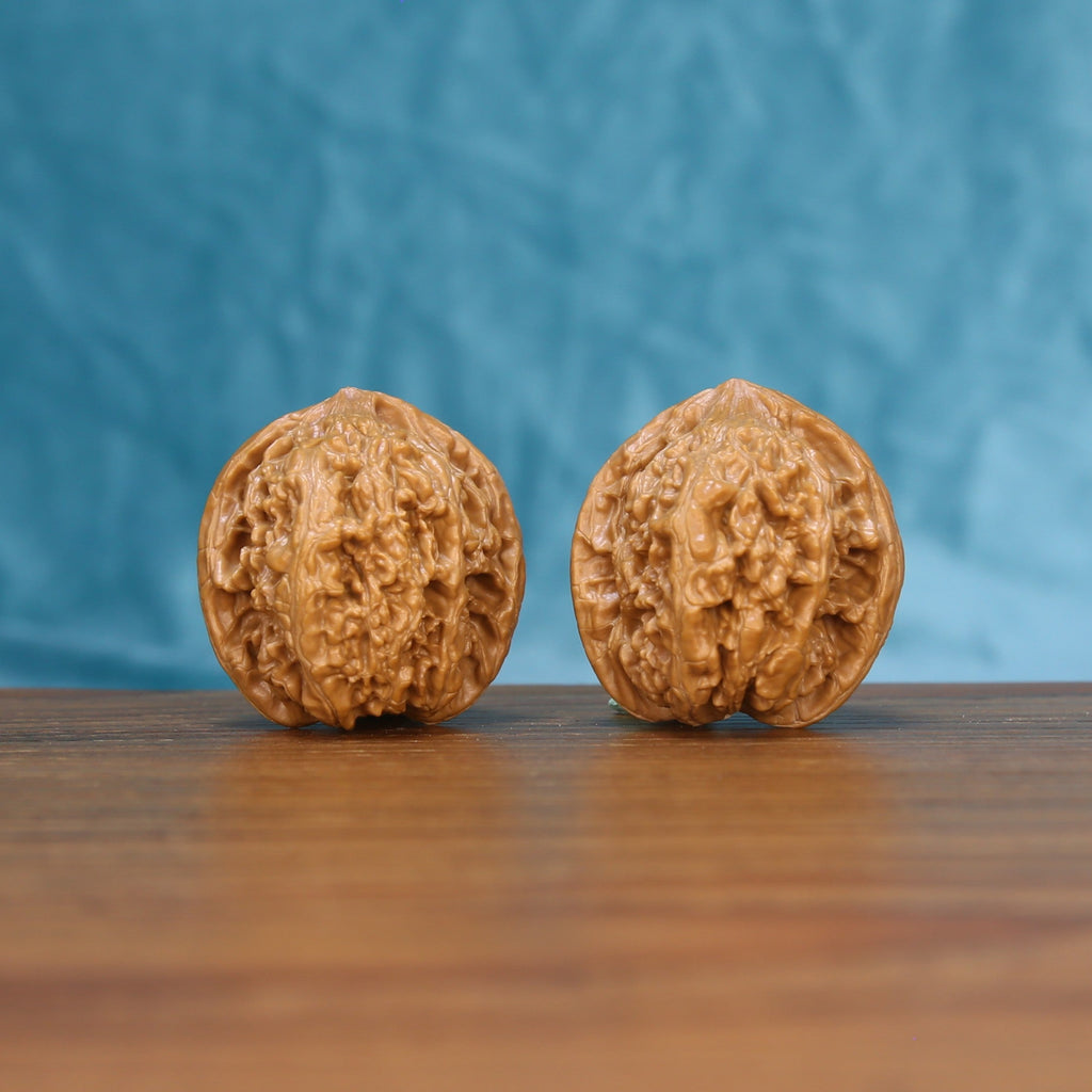 Front view of a matched pair of Stone Wenwan walnuts showing natural shell texture
