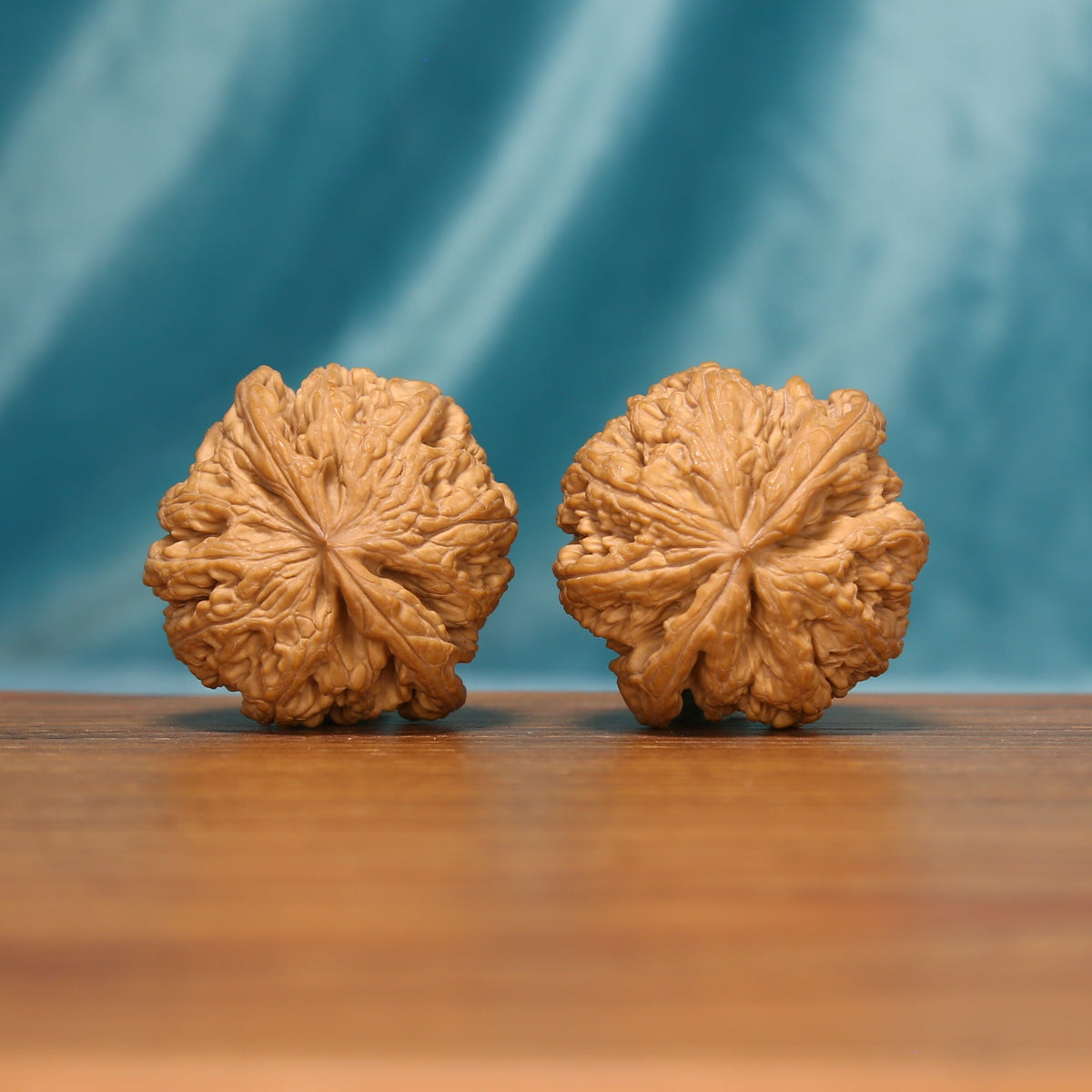 Rear view of The Twin Peaks Wenwan walnuts showing natural variation and richly textured surfaces.
