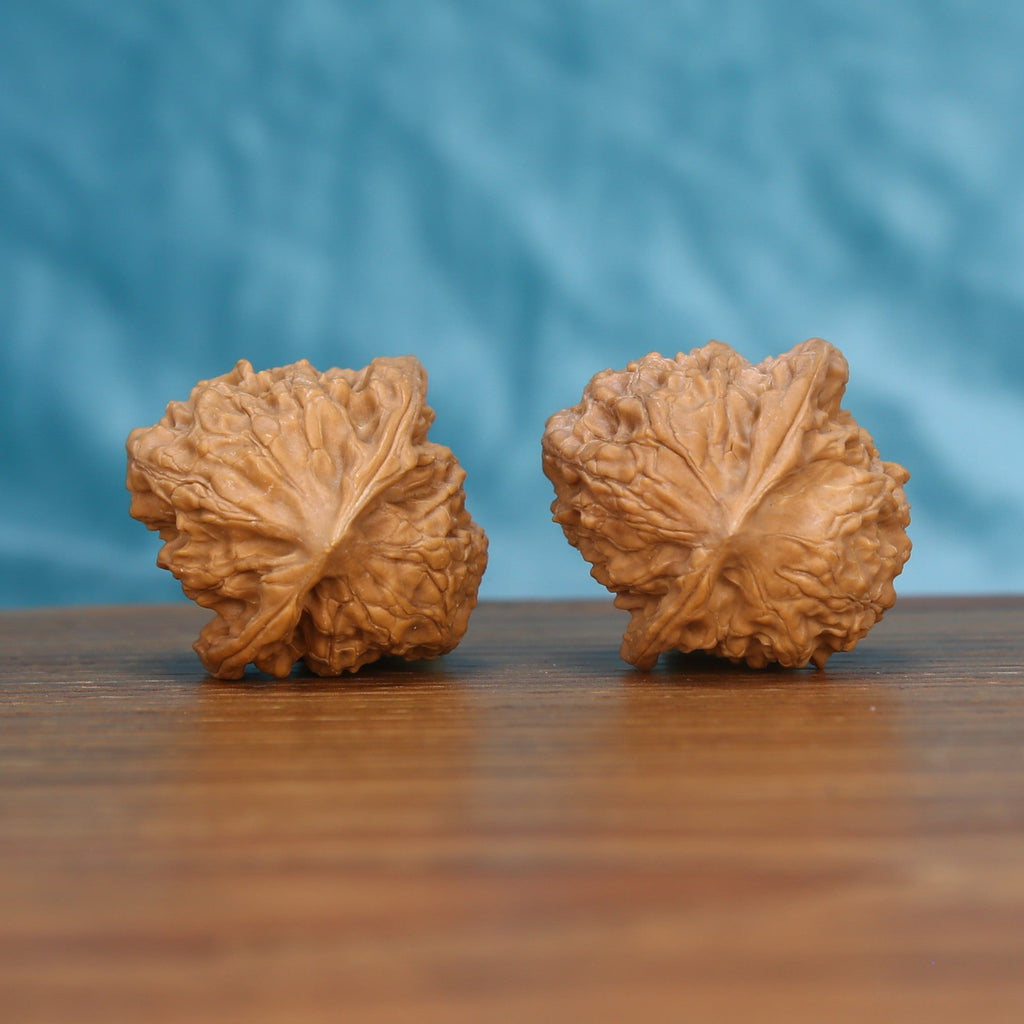 Single Ling-Long wenwan walnut bottom view on wooden surface – natural base and carved labyrinth texture detail