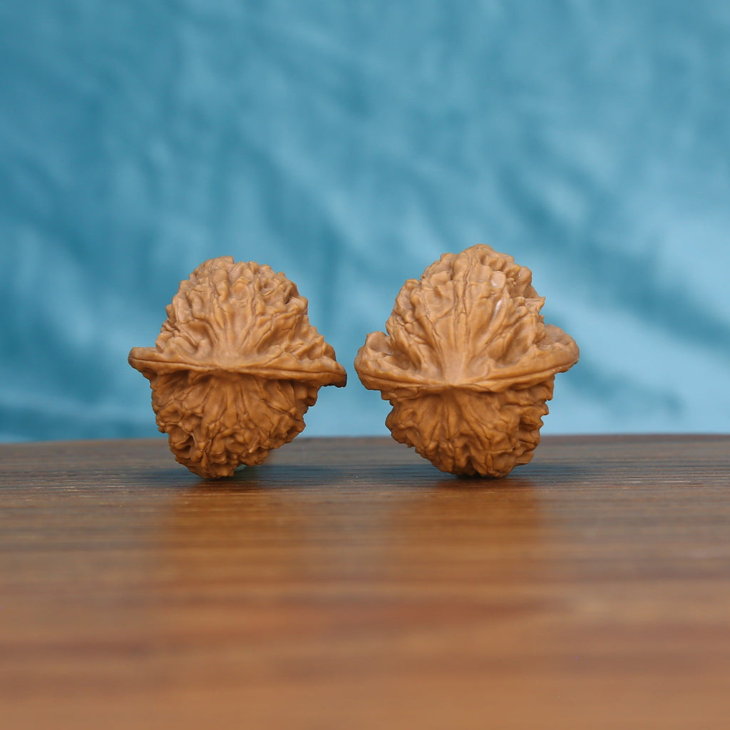 Single Ling-Long wenwan walnut bottom view on wooden surface – natural base and hollow-carved texture detail