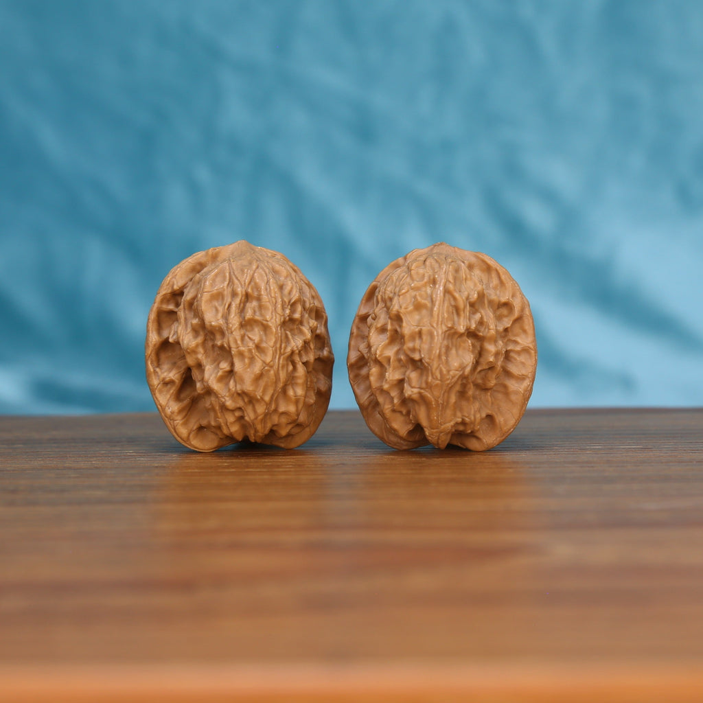 Chang-Men walnut set side profile on wood, blue background – tall elongated grain detail