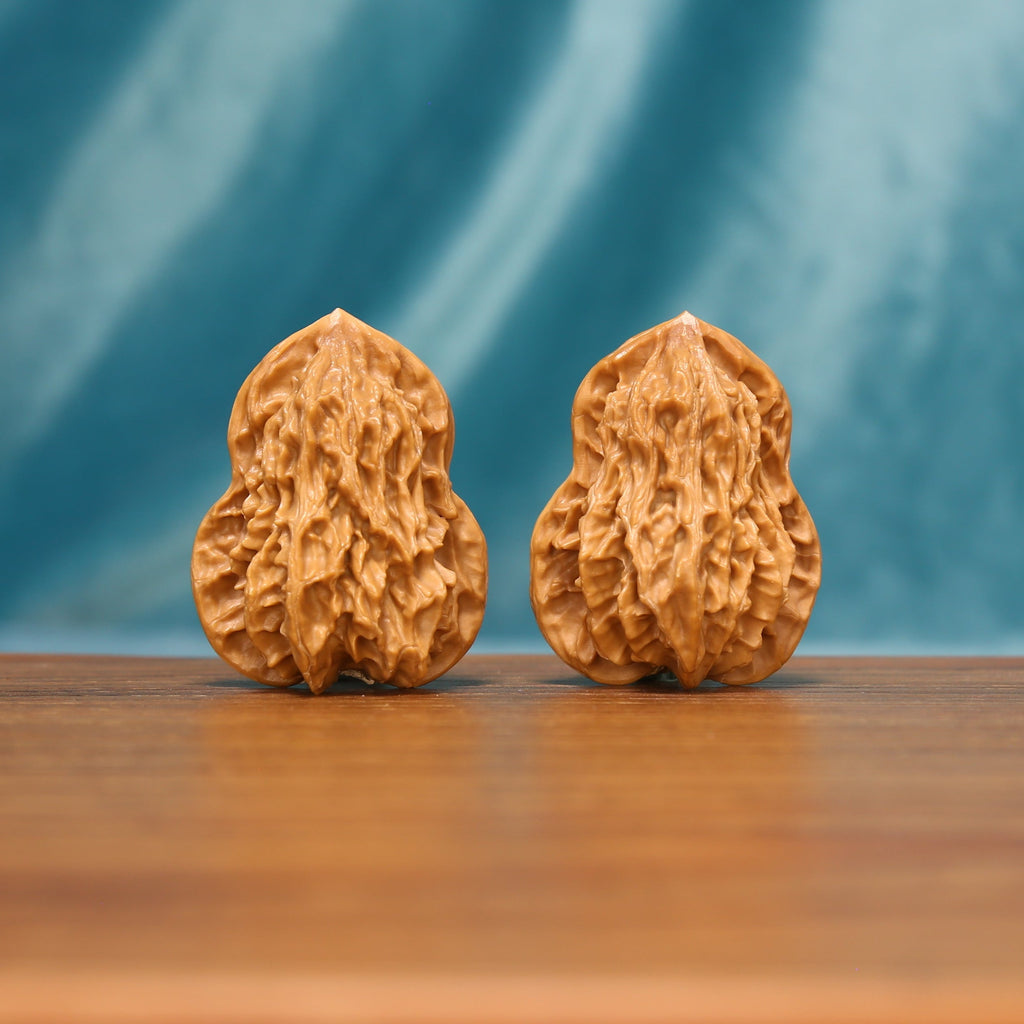 L18 Wenwan walnut pair shown from the front, highlighting their tall forms and natural ridge texture.
