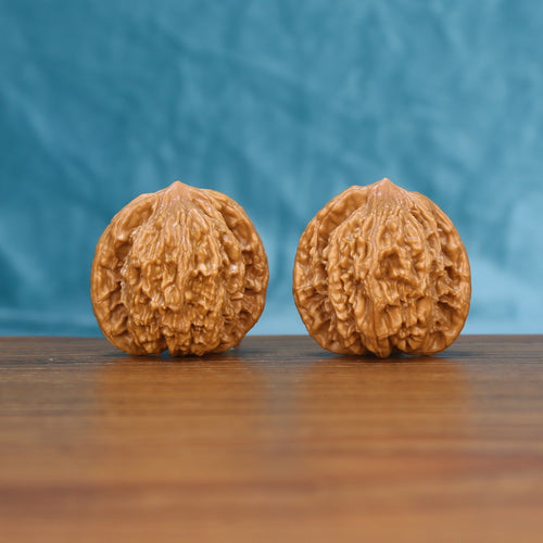 Pair of Wheat Tiger Wenwan walnuts standing upright on a wooden surface against a blue background
