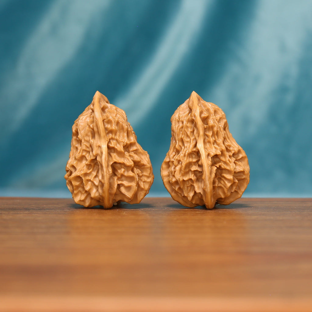 L18 Wenwan walnut matched pair shown from a detailed front angle, displaying elongated forms and dense textured ridges.
