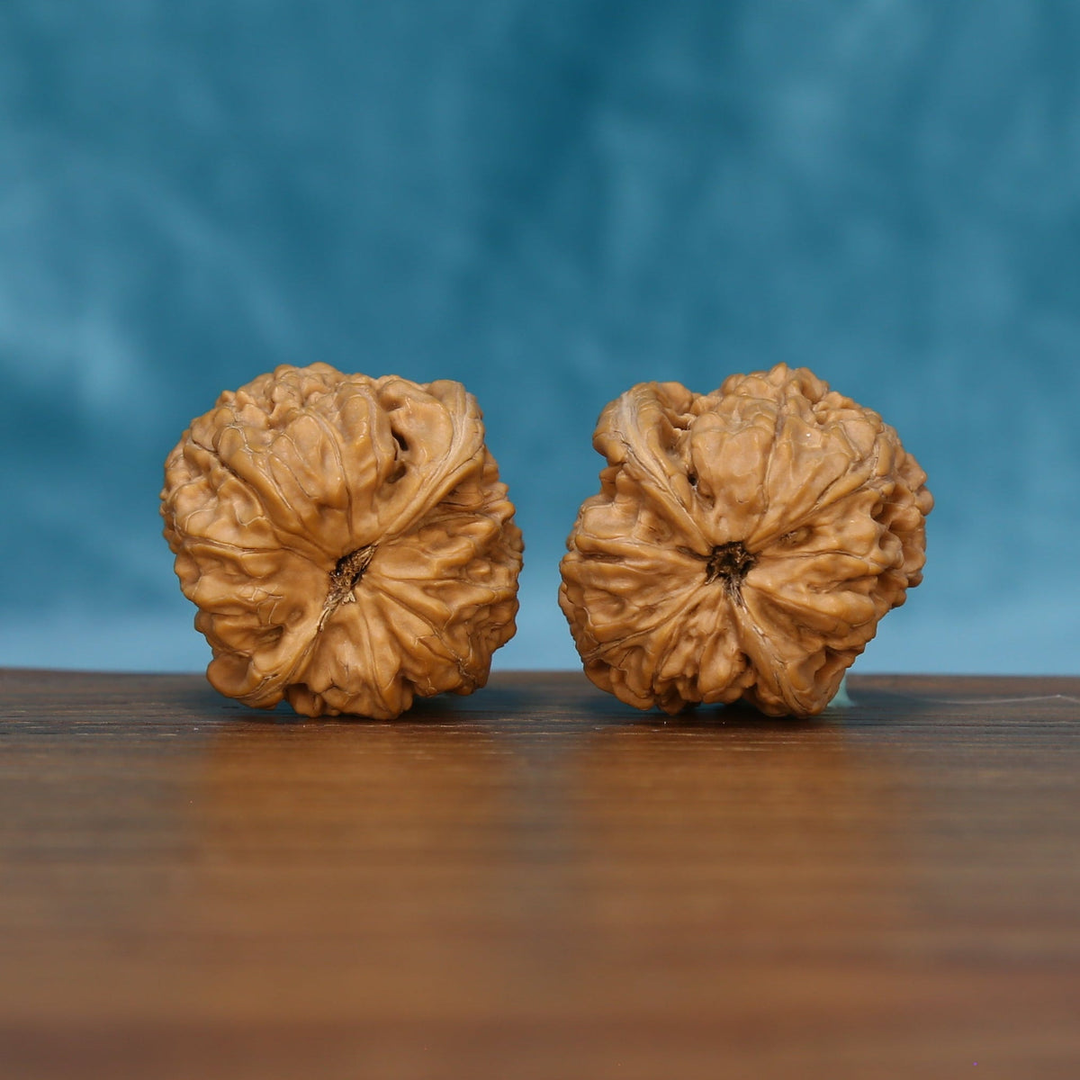 Close rear view of The Sandstone Pair Wenwan Walnut Set highlighting the walnuts’ deep natural texture.
