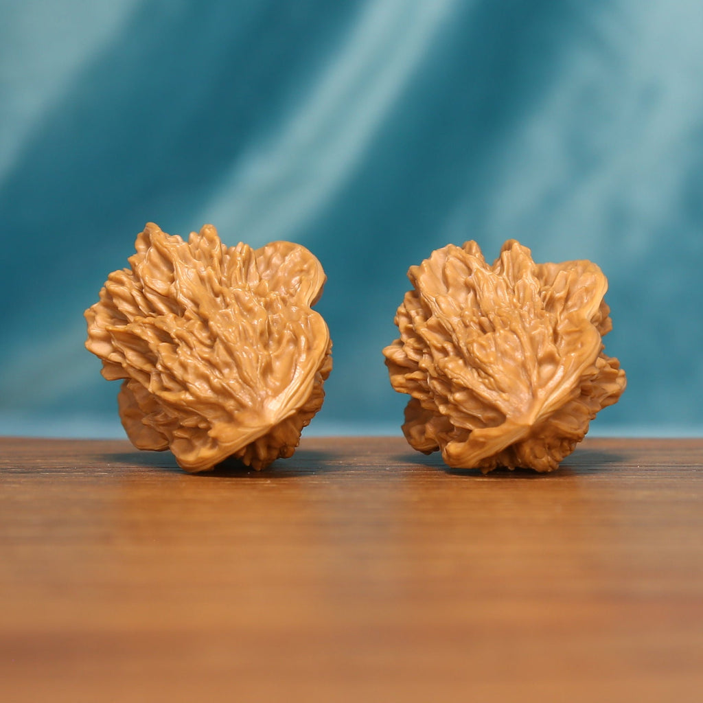 L18 Wenwan walnut pair shown from the side, highlighting radiating ridges and sculpted shell texture.
