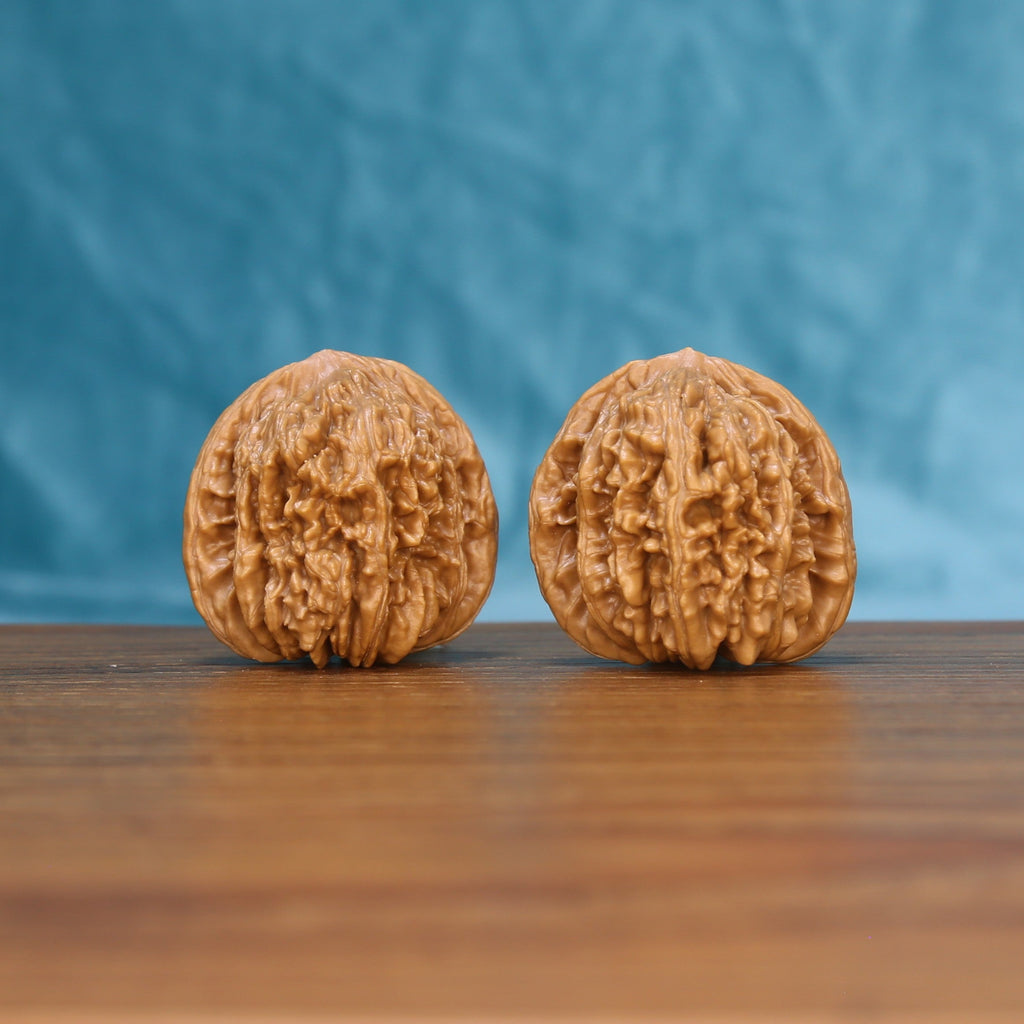 Pair of Sizuo Lou Wenwan walnuts standing upright on a wooden surface against a blue background
