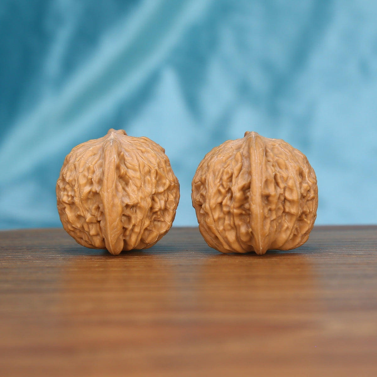 Mo-Pan walnut pair bottom view on wooden surface, natural flat disc shape and texture detail

