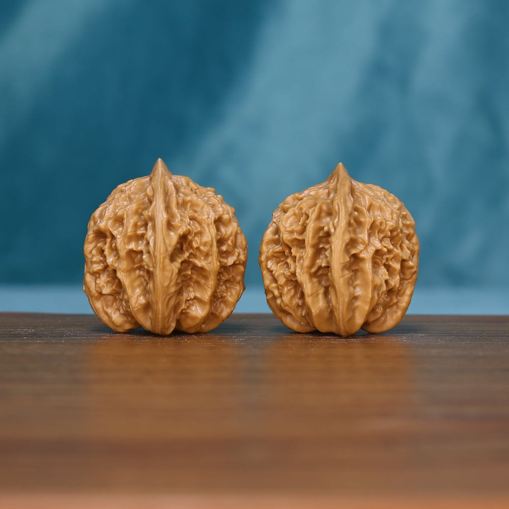 Front view of two 6157 Deep Furrow wenwan walnuts showing raised ridges
