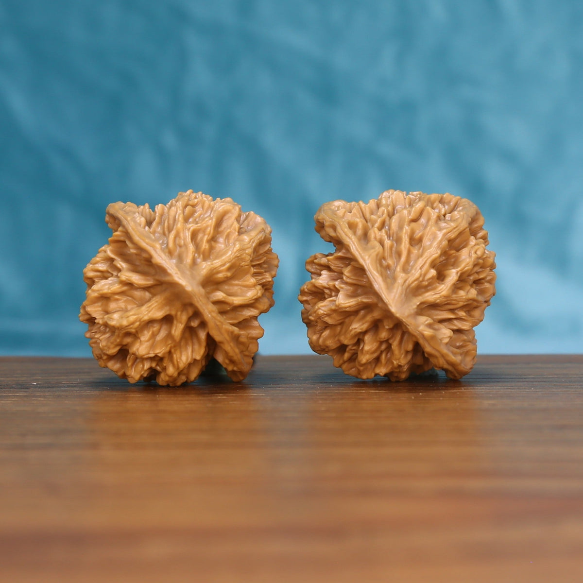 Side profile of the 6144 Emperor wenwan walnut pair showing the raised central ridge
