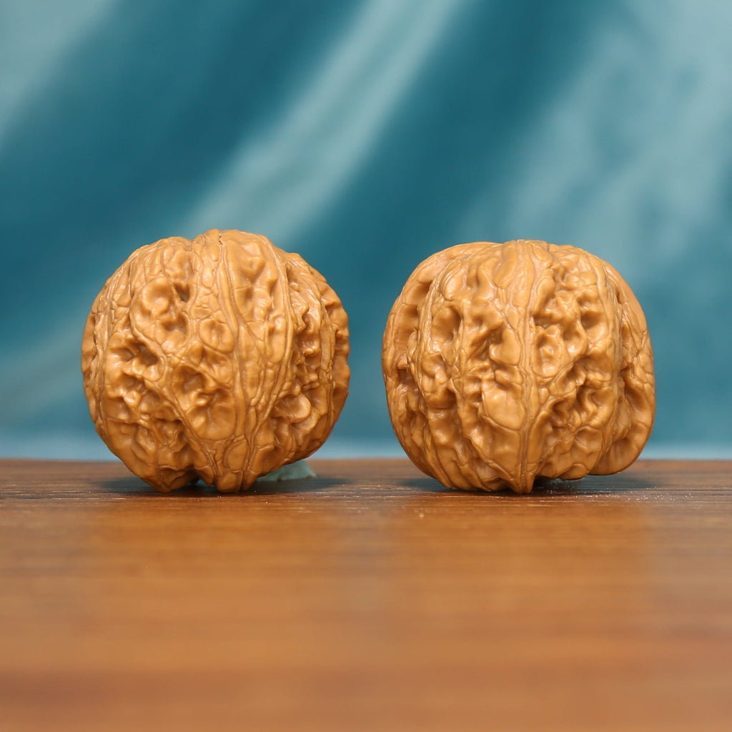 L21 Wenwan walnut pair shown from the front, highlighting rounded forms and dense natural ridge texture.
