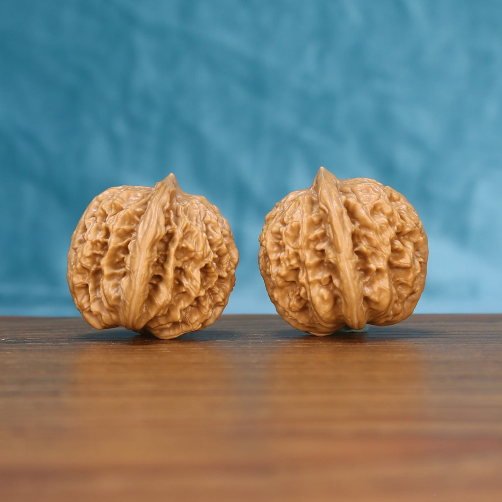 Side view of a Coiling Dragon Wenwan walnut pair on a wooden surface
