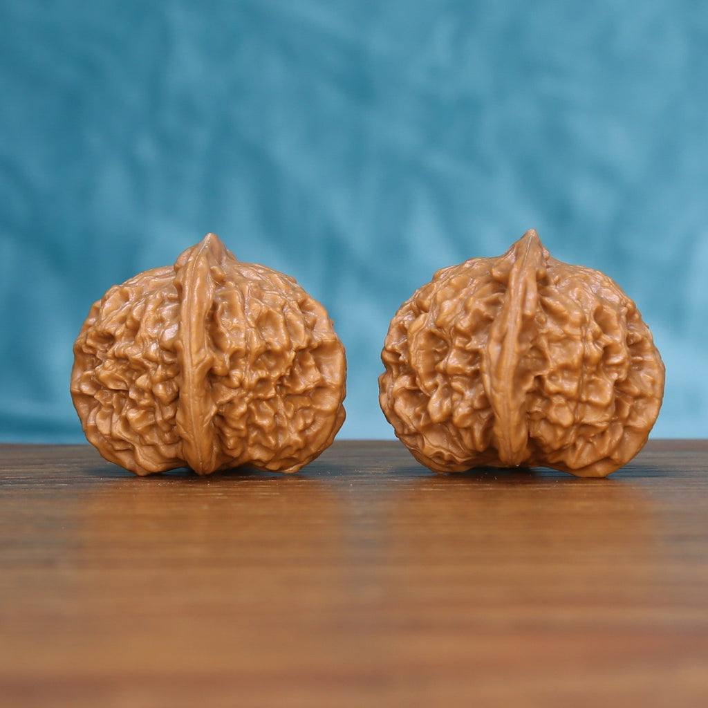 Side view of a Qinhuangdao Yuanbao Wenwan walnut pair on a wooden surface
