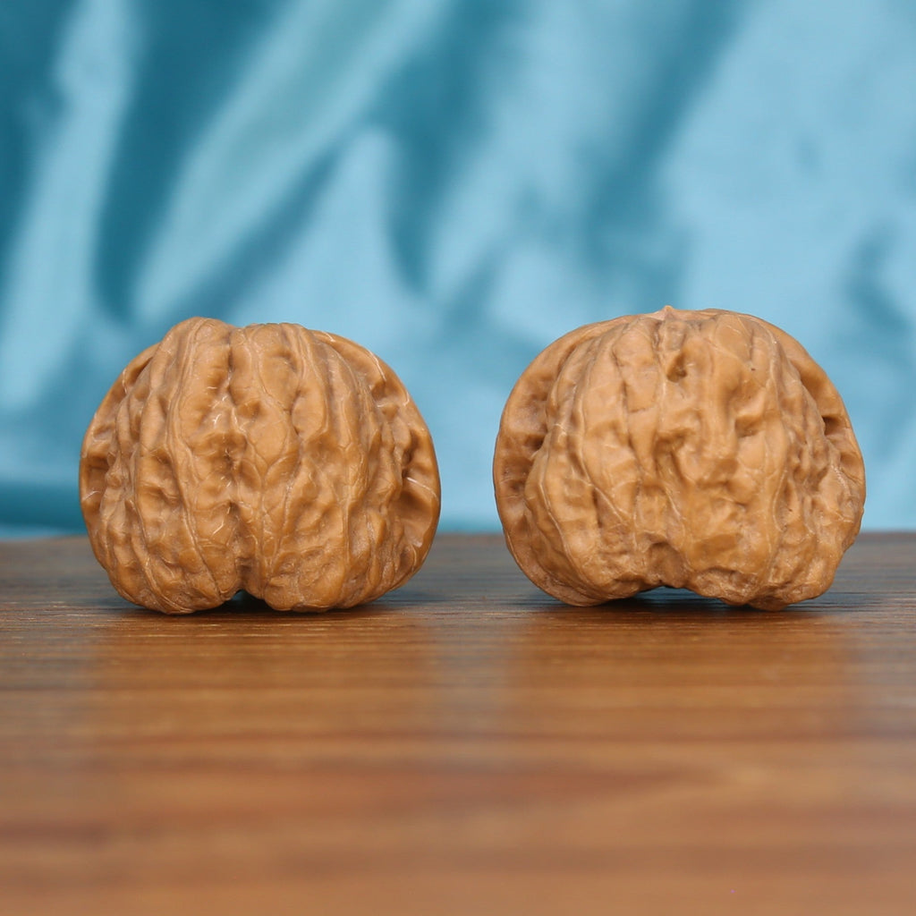 Two Ha-Ma-Tou wenwan walnuts on wooden surface, blue fabric background – matching zen hemisphere set