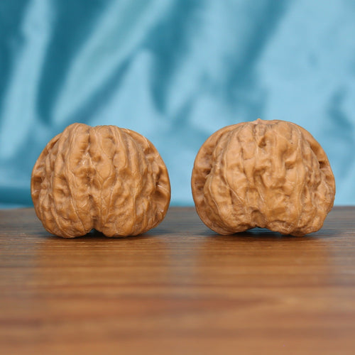 Two Ha-Ma-Tou wenwan walnuts on wooden surface, blue fabric background – matching zen hemisphere set