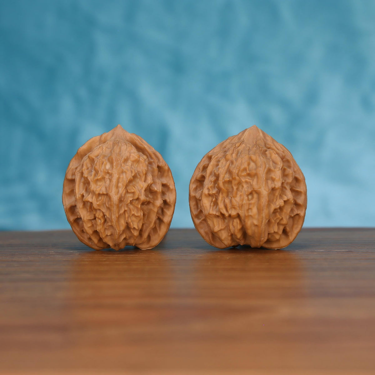 Pair of wenwan walnuts with bold raised ridge pattern, front view on wooden surface with blue background
