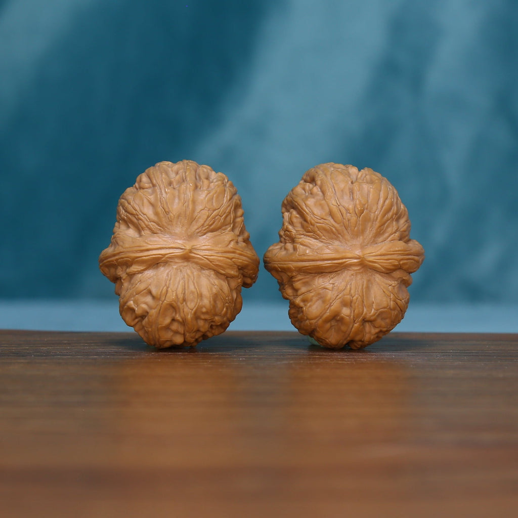 Pair of L42 Layered Crest wenwan walnuts with raised bands across their centers
