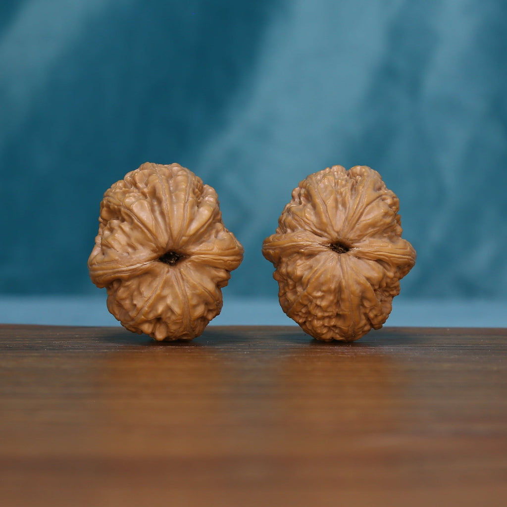 L42 Layered Crest wenwan walnut pair showing the central bands and ridged tops
