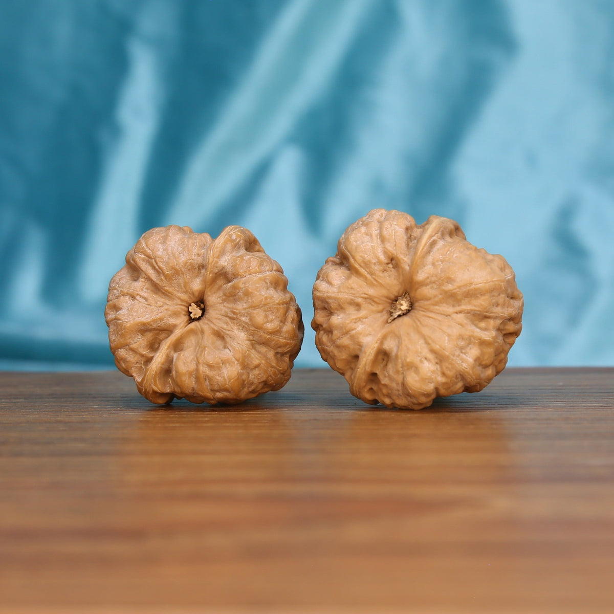 Ha-Ma-Tou walnut pair bottom view on wood – natural flat base pattern, Zen Hemisphere premium set