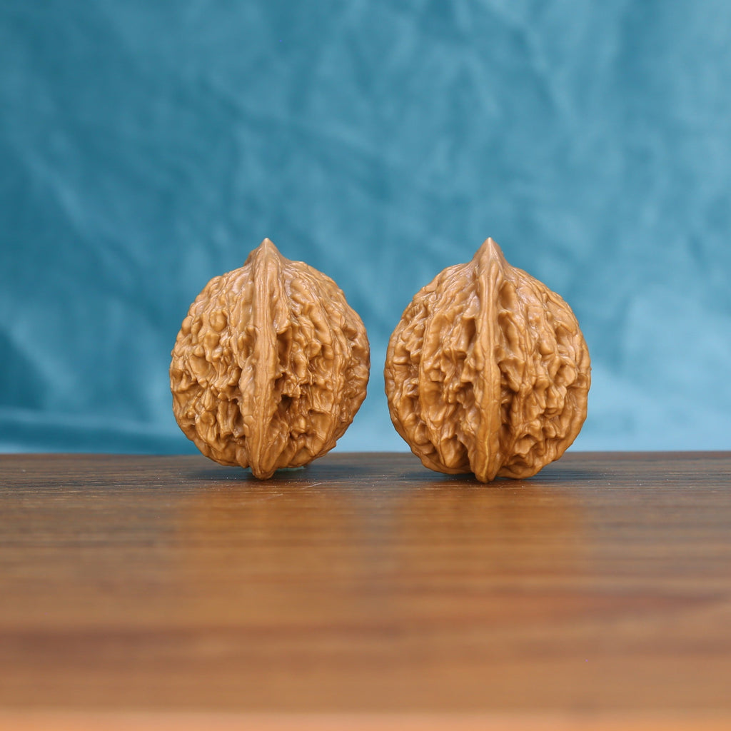 Three-quarter view of two Wheat Tiger Wenwan walnuts showing textured shells
