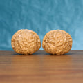 Pair of pumpkin-shaped wenwan walnuts with deep ridged texture on a wood table against a blue background
