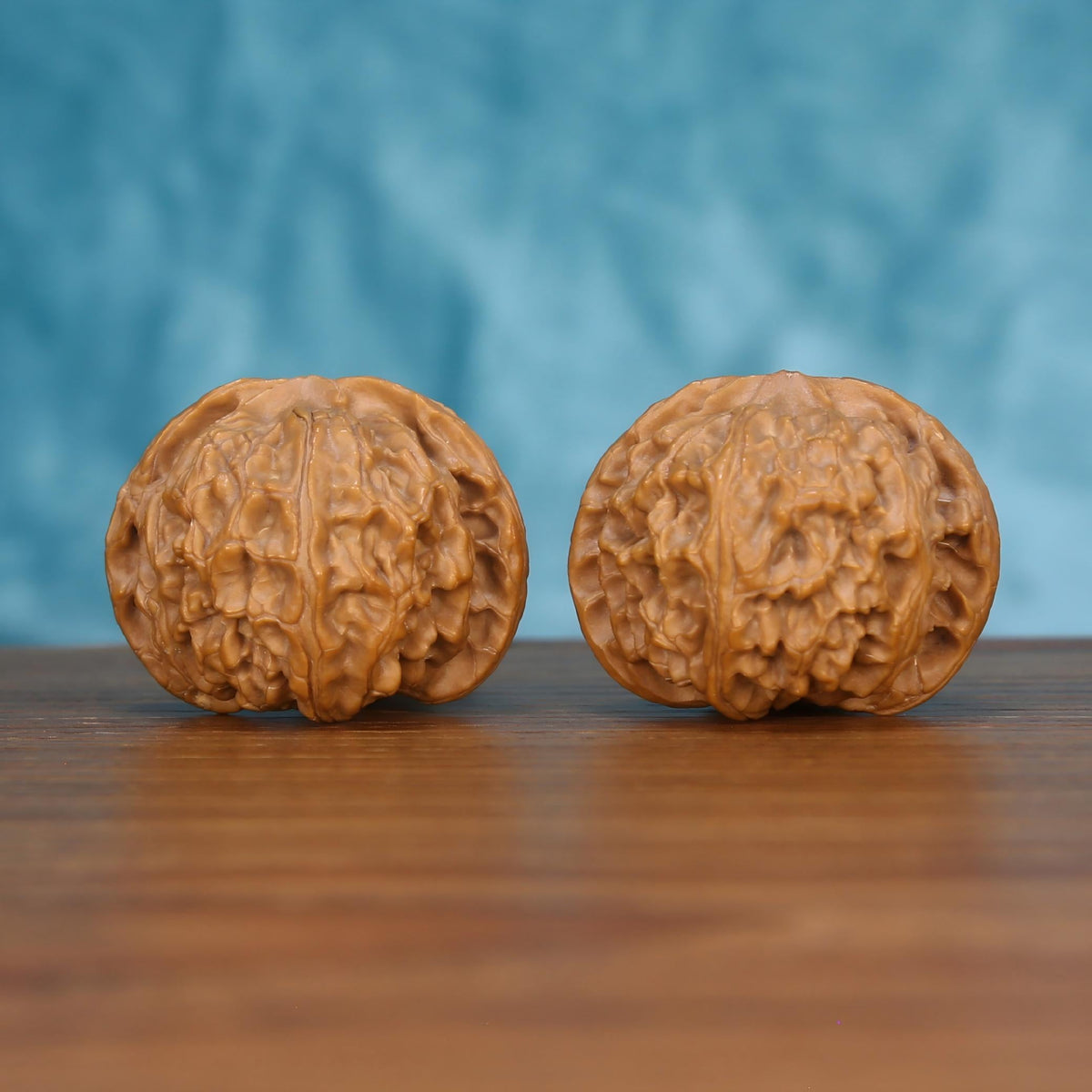 CWY10 Wu-Ming walnut pair by mistbodhi, front view showing broad low-profile silhouette and deep organic ridges
