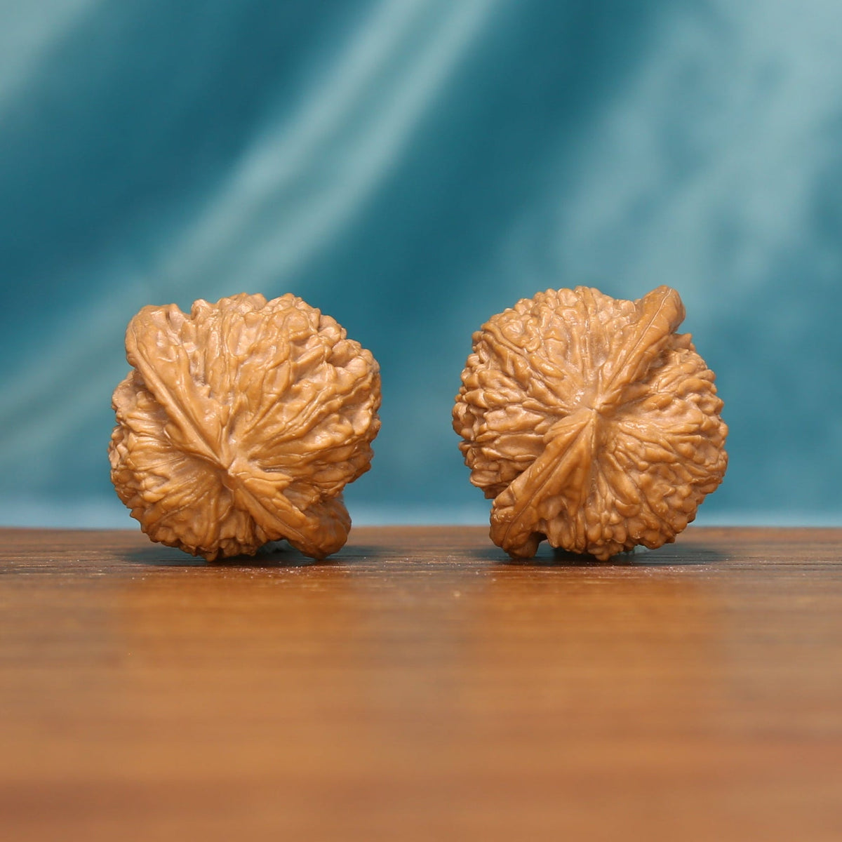 Rear view of a Tiger Head Wenwan walnut pair showing symmetrical forms and rich natural texture.
