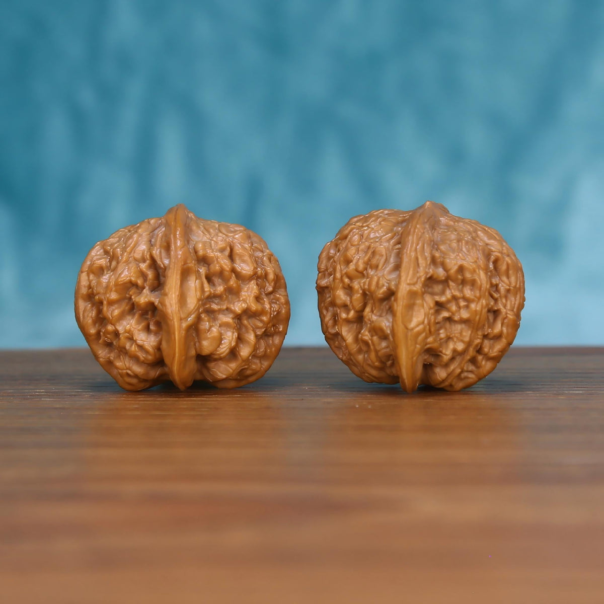 Single Wu-Ming wild wenwan walnut on wooden surface, blue background – rare nameless wild mysterious texture close-up