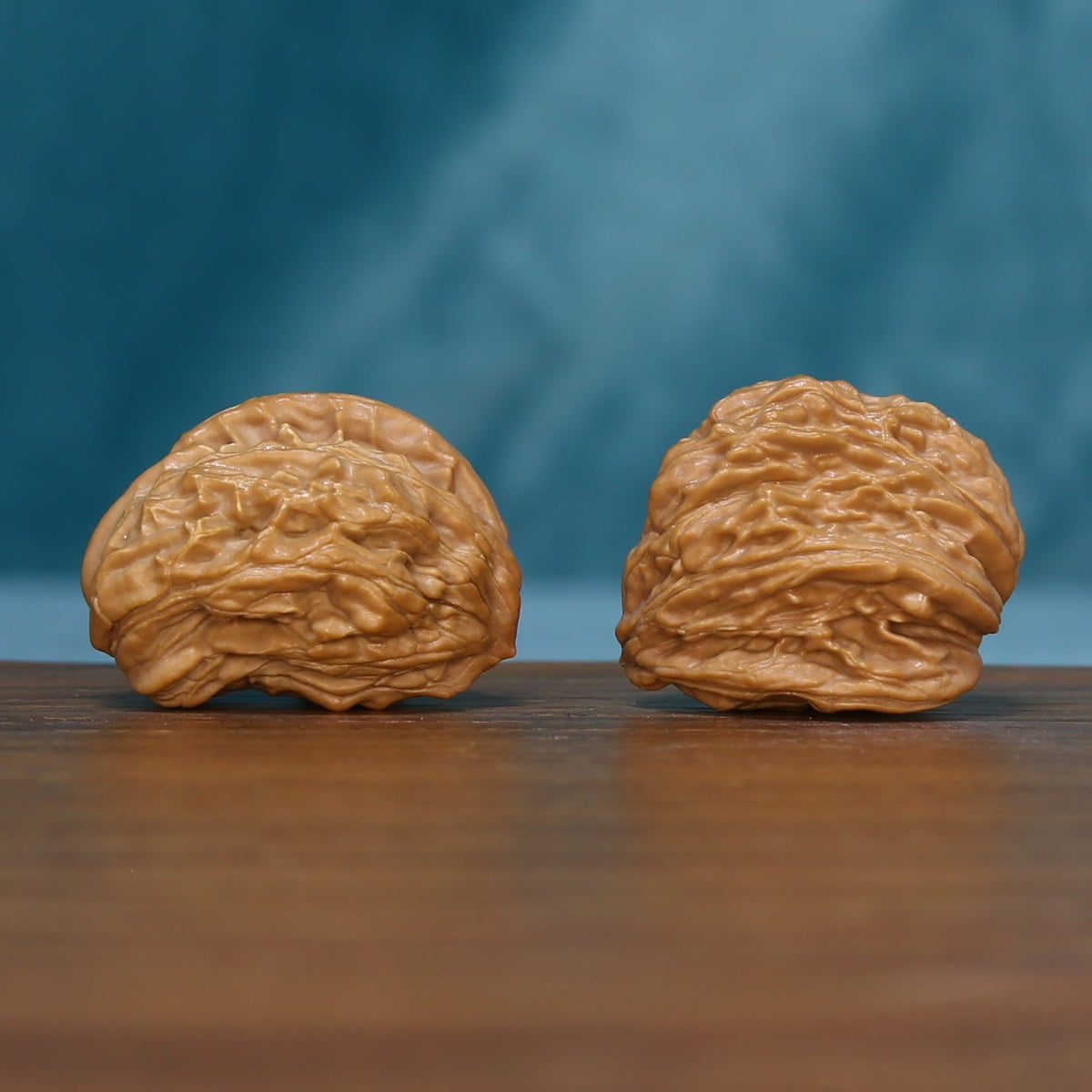 Pair of 1789 wenwan walnuts resting on their sides, showing layered ridges
