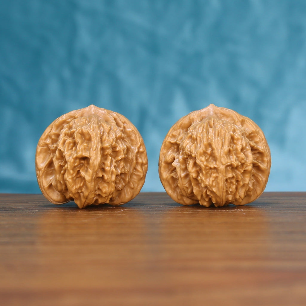 Front view of a matched pair of Coiling Dragon Wenwan walnuts with flowing natural ridges
