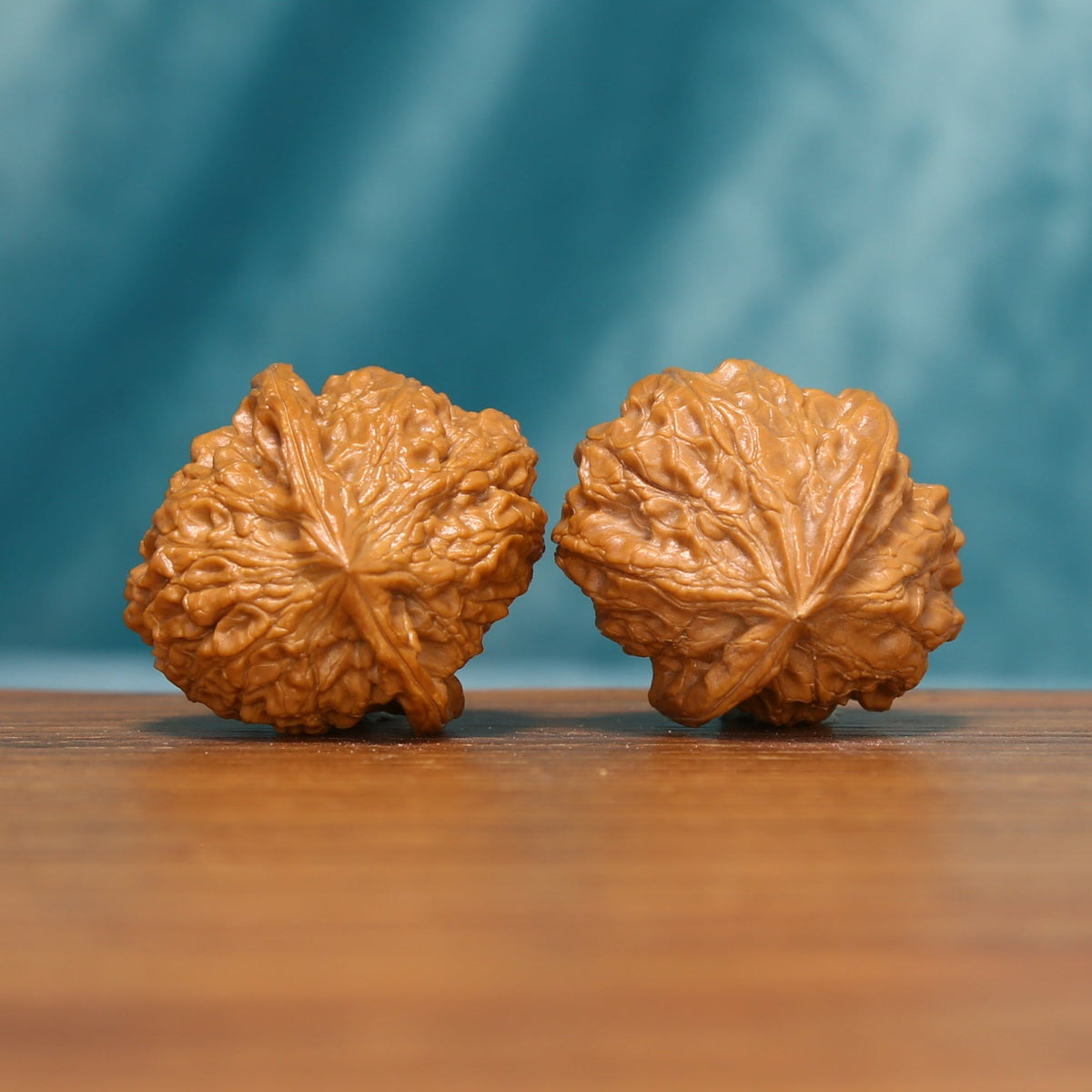 Rear view of a Honeycomb Lion Head Wenwan walnut pair showing natural variation and sculptural forms.
