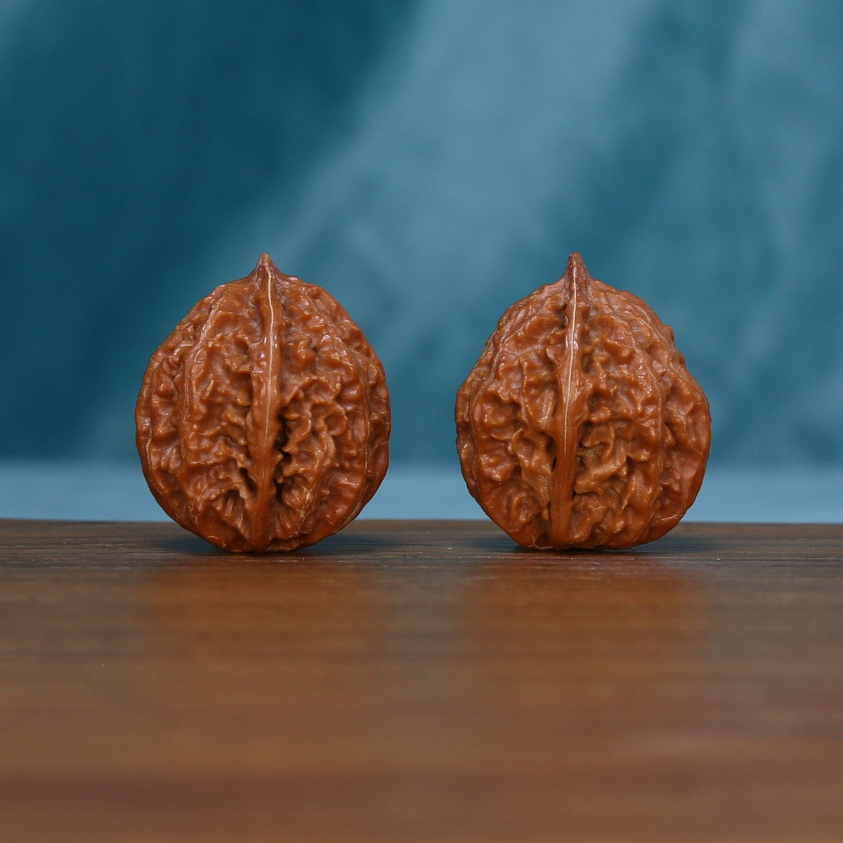 Front view of two 244 wenwan walnuts with prominent central ridges
