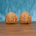  Two Wu-Ming wenwan walnuts on wooden surface, blue fabric background – matching awakening sphere nameless set