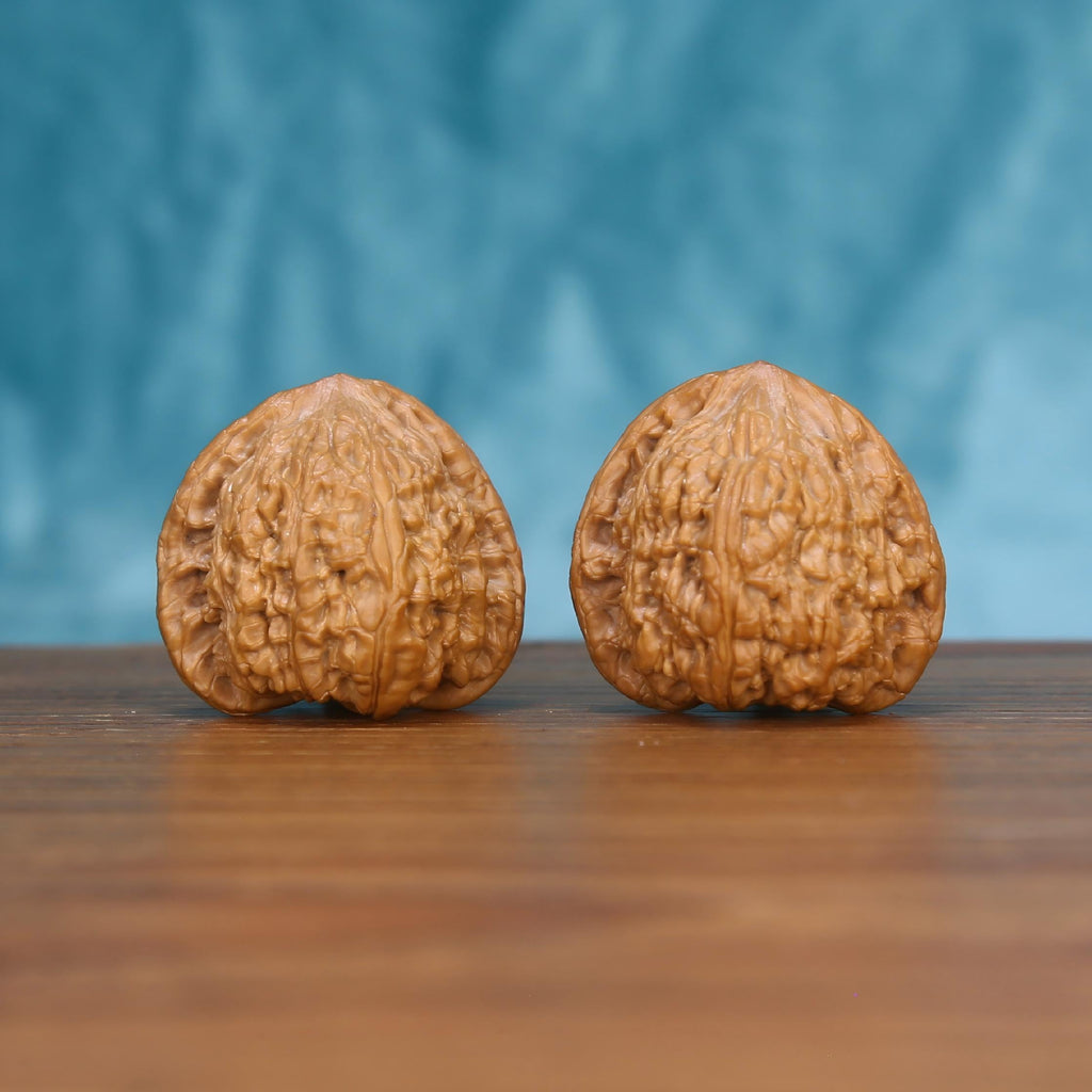 Wu-Ming walnut set side profile on wood, blue background – awakening sphere natural grain detail