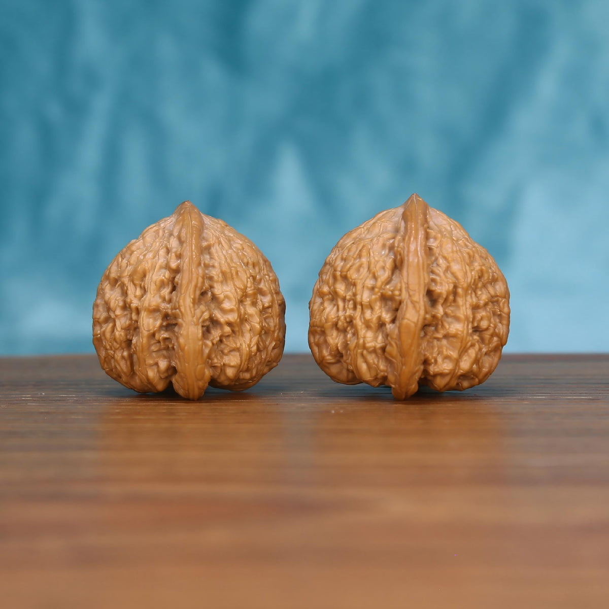 Single Wu-Ming wenwan walnut on wooden surface, blue background – rare nameless rounded natural texture close-up
