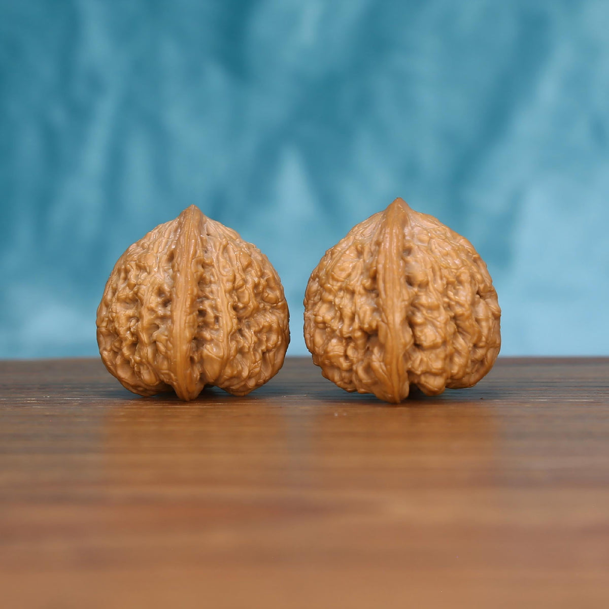 Wu-Ming wenwan walnut pair alternate angle, blue background – symmetrical awakening sphere ridge pattern