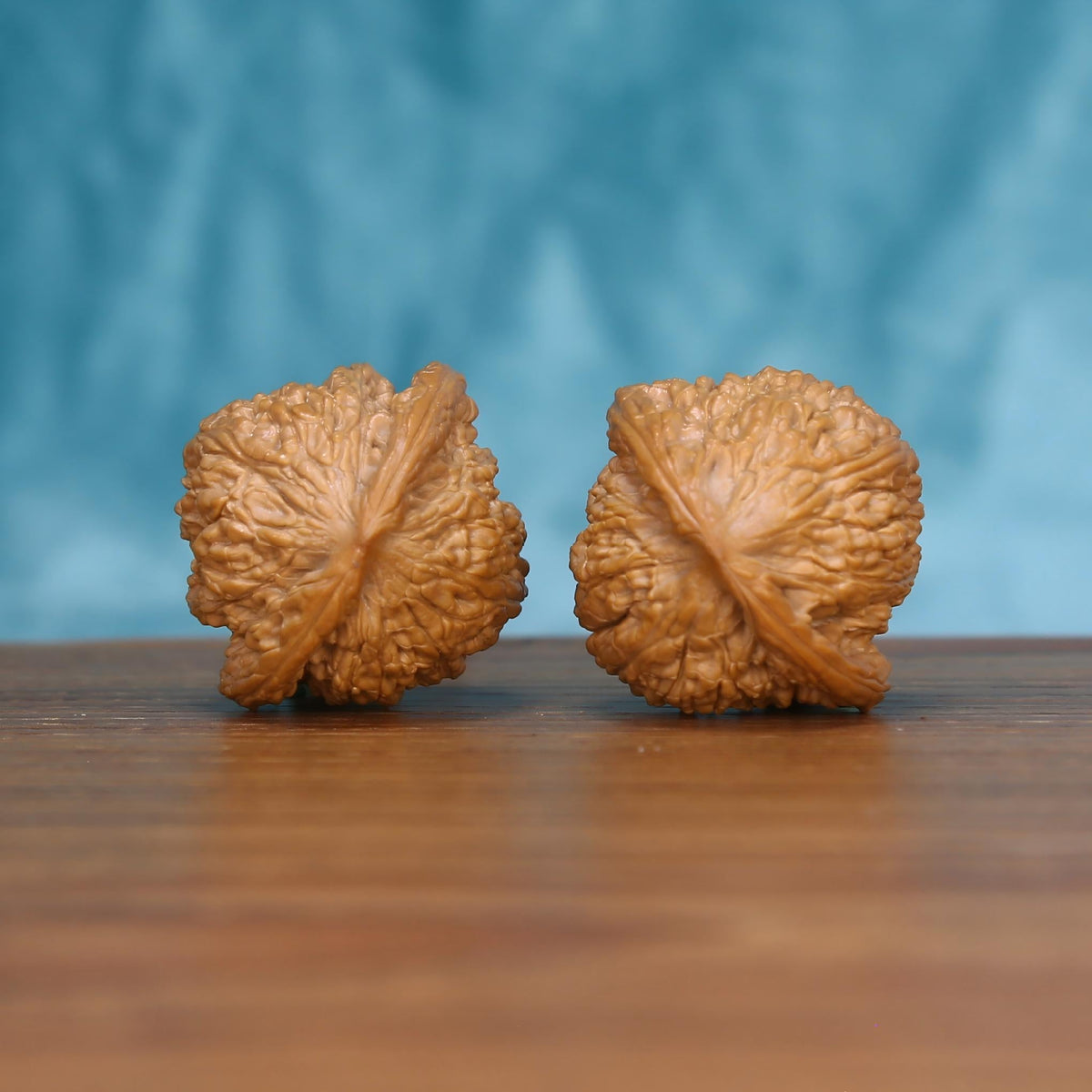 Single Wu-Ming wenwan walnut bottom view on wooden surface – natural base and nameless sphere texture detail