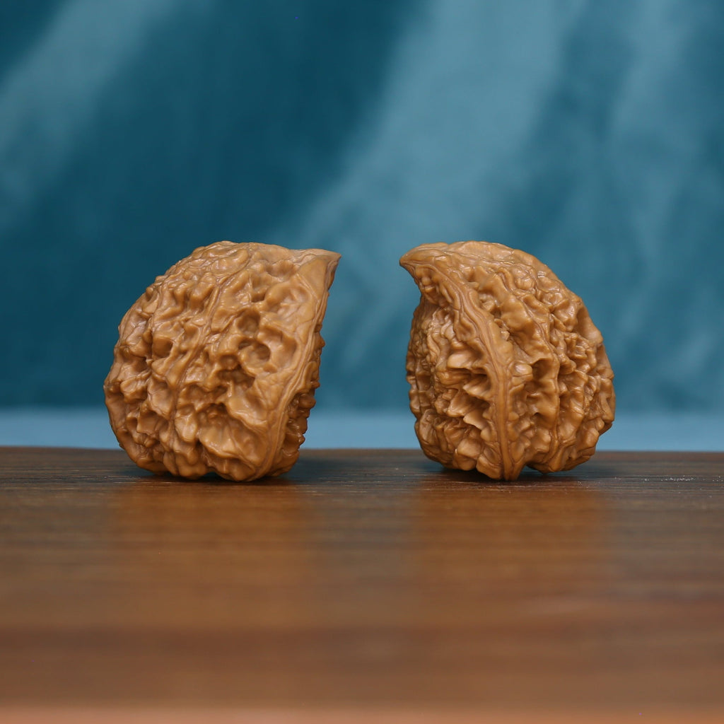 Pair of 1715 wenwan walnuts resting on their sides, showing textured rounded ends
