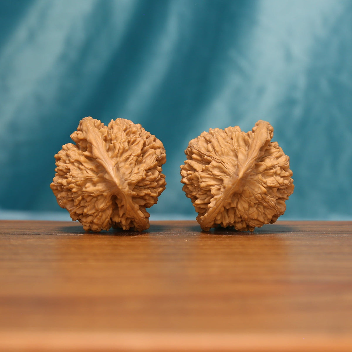 L22 Wenwan walnut pair shown from the side, highlighting radiating ridges and sculpted shell texture.
