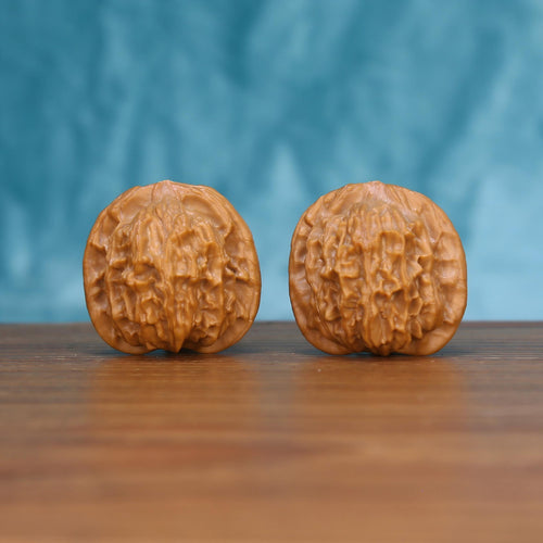 Wu-Ming walnut set side profile on wood, blue background – quiet nomad natural grain detail