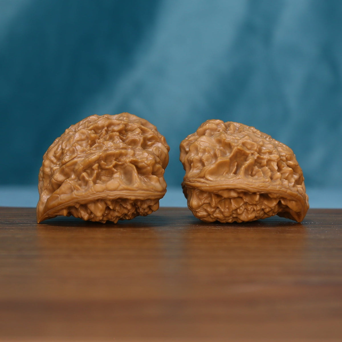 Opposite side view of two 1715 wenwan walnuts with textured surfaces
