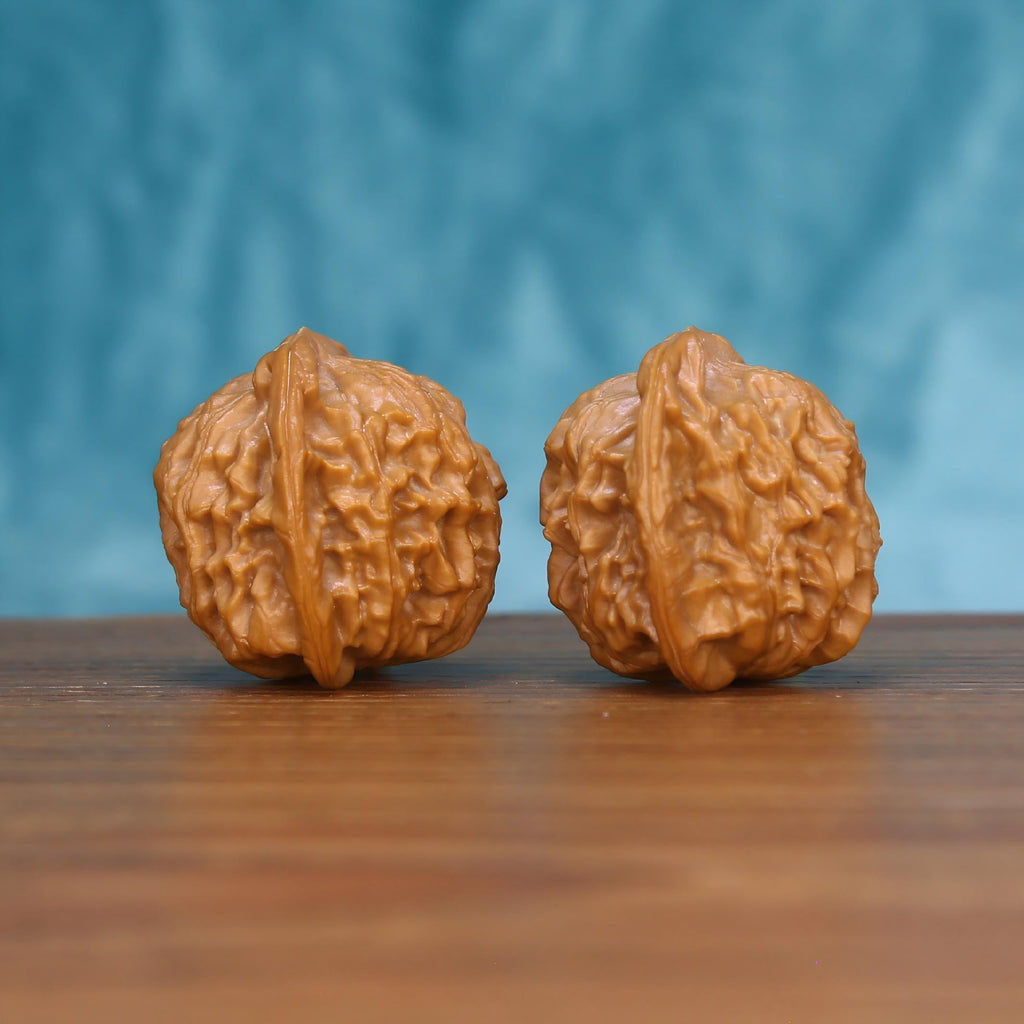 Single Wu-Ming wenwan walnut on wooden surface, blue background – rare nameless natural texture close-up
