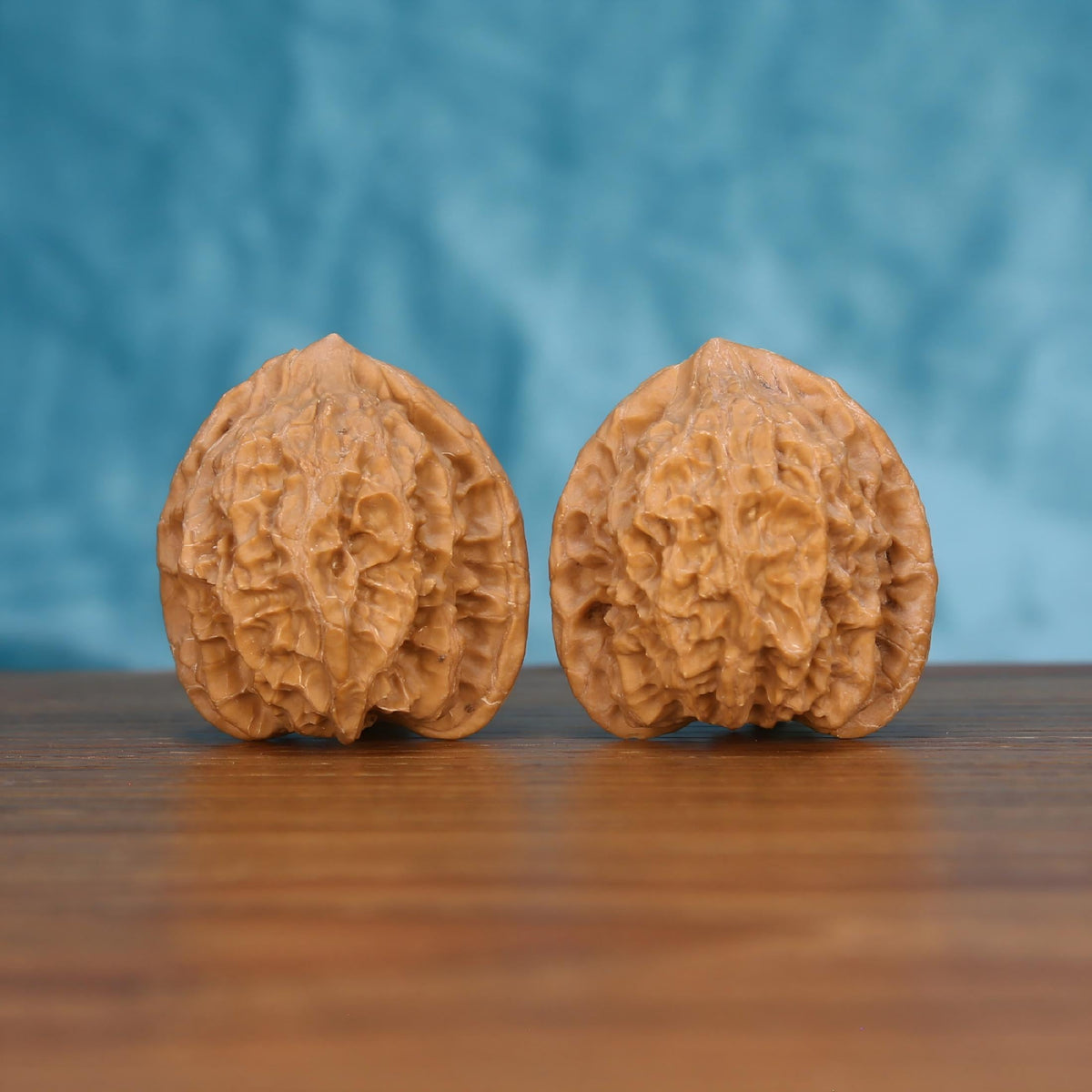 Two Long-Ji wenwan walnuts on wooden surface, blue fabric background – matching mythic spine set